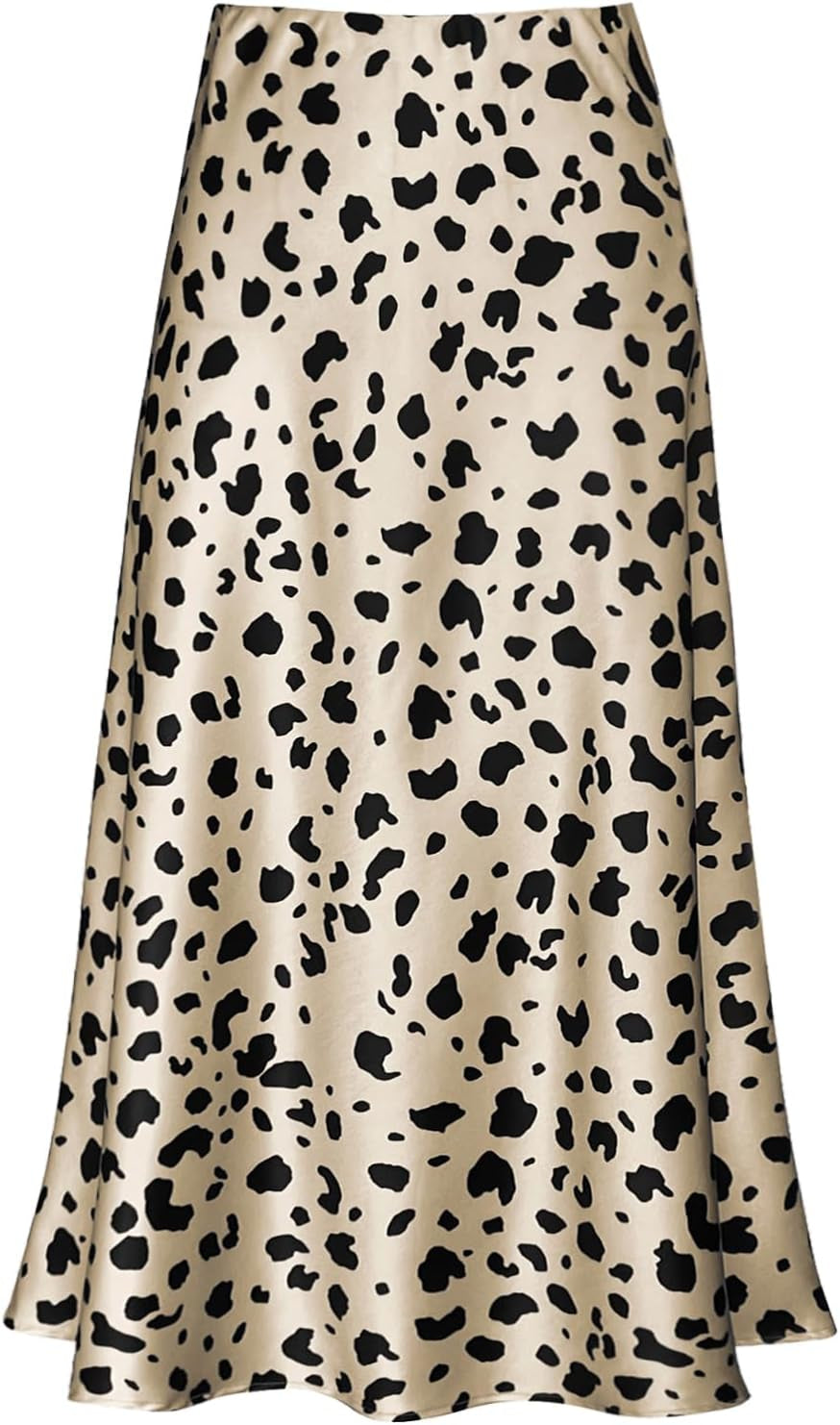 Women'S Satin High Waist Hidden Elasticized Waistband Flared Casual a Line Midi Skirt