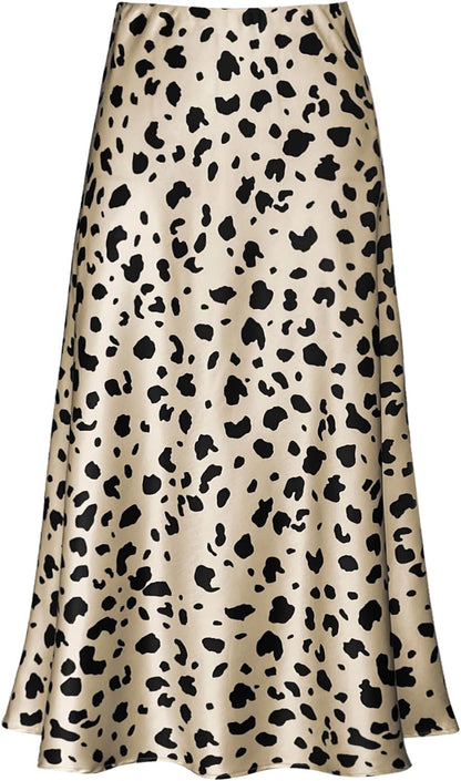 Women'S Satin High Waist Hidden Elasticized Waistband Flared Casual a Line Midi Skirt