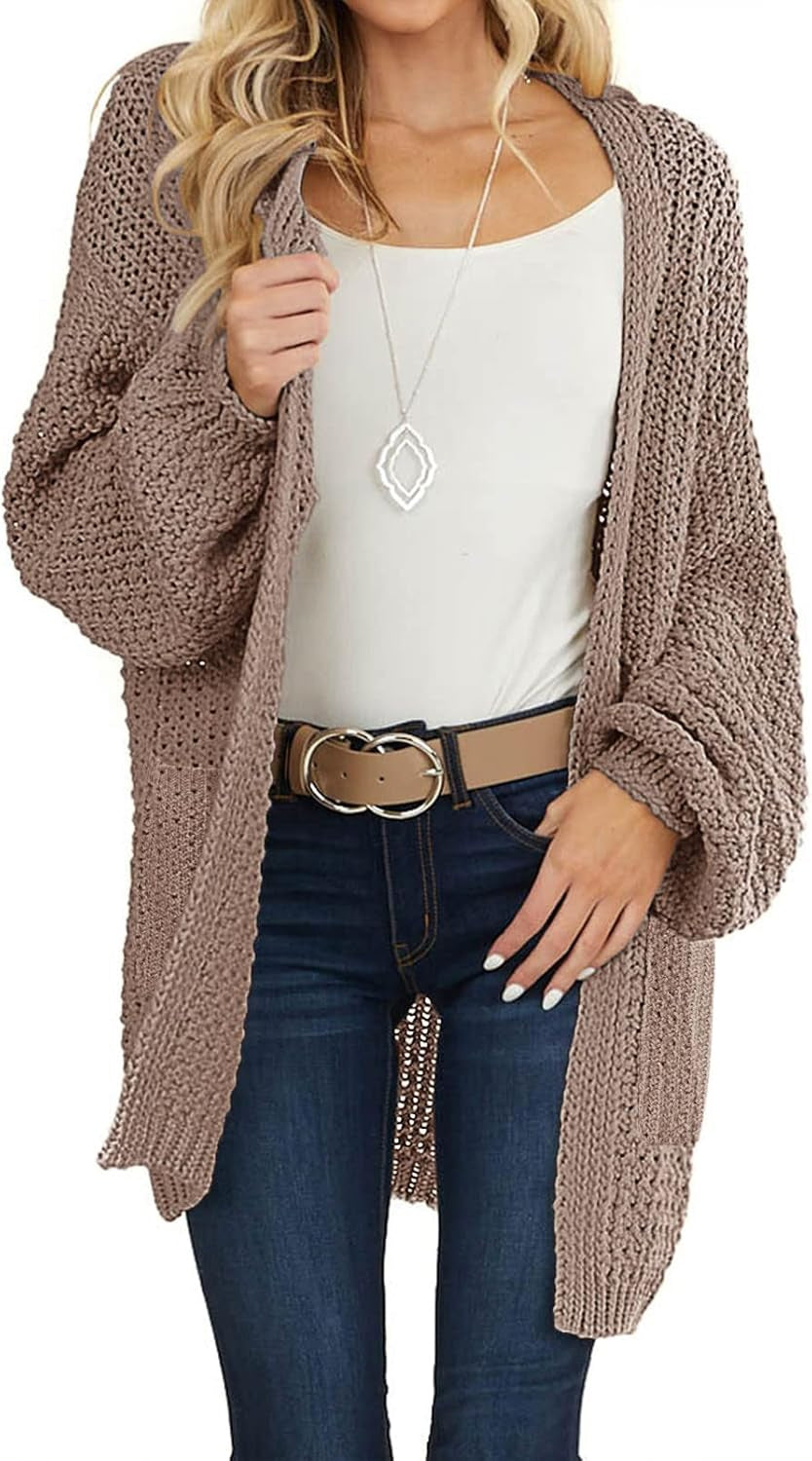 Women'S 2025 Fall Open Front Chunky Knit Sweater Oversized Lantern Sleeve Cardigan Outwear