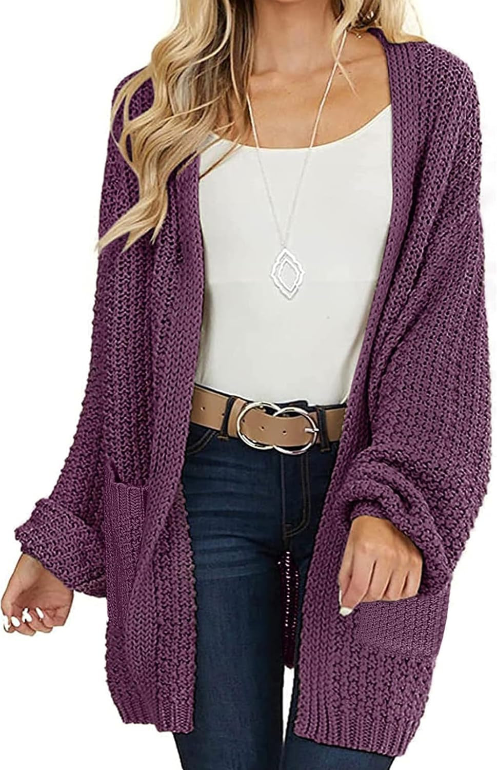 Women'S 2025 Fall Open Front Chunky Knit Sweater Oversized Lantern Sleeve Cardigan Outwear
