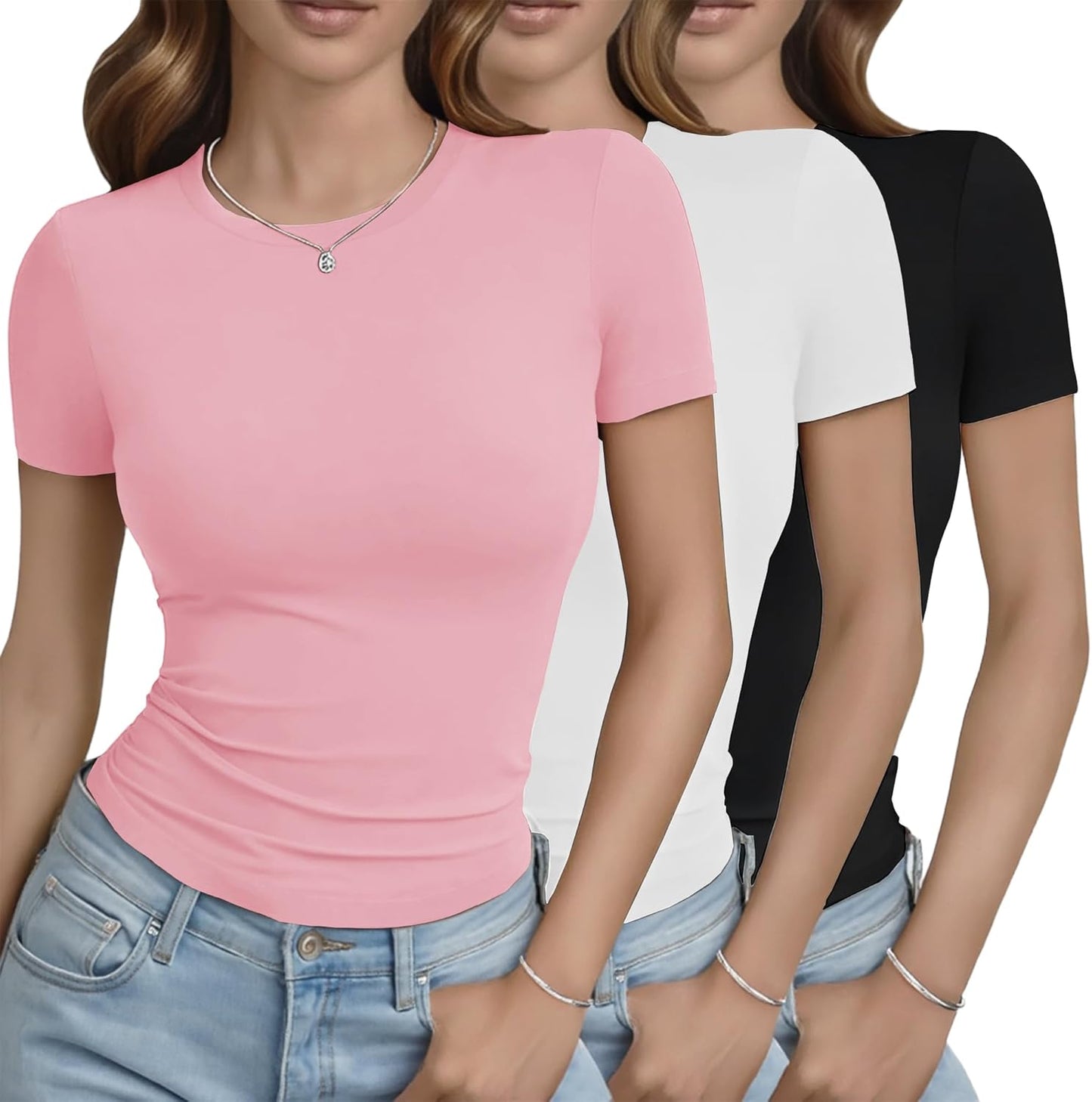 3 Pack Basic Tees for Women - Crew Neck Slim Fit Tight T Shirts Cute Y2K Trendy Crop Tops Clothes for Casual Summer
