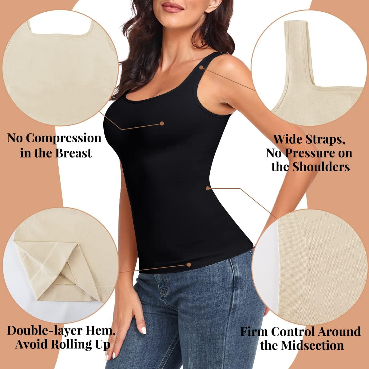 Women'S Tummy Control Shapewear Tank Tops Seamless Square Neck Compression Tops Slimming Body Shaper Camisole