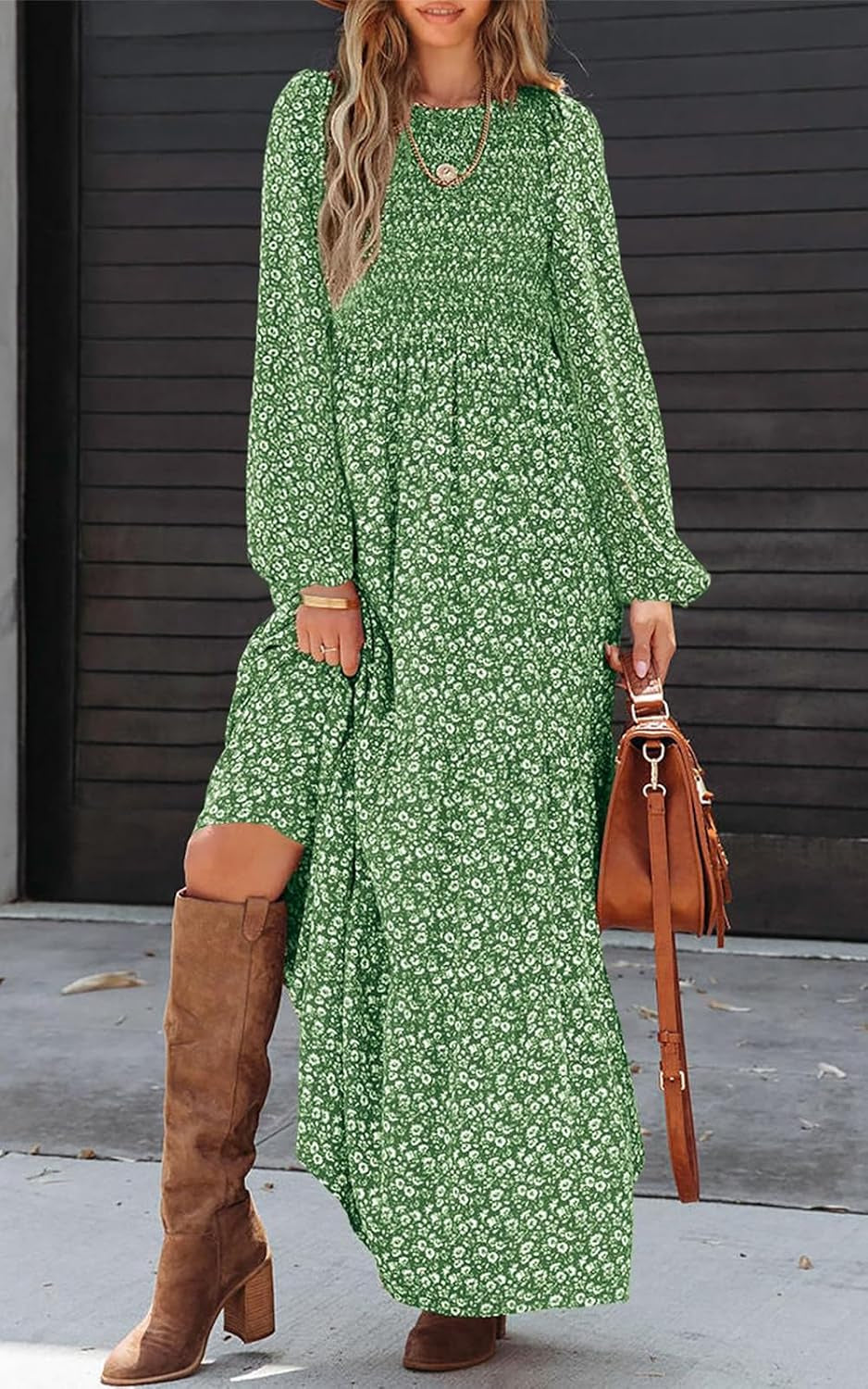 Women'S Spring Dresses 2026 Long Sleeve Flowy Casual Floral Maxi Dress Crew Neck Smocked Tiered Long Dress