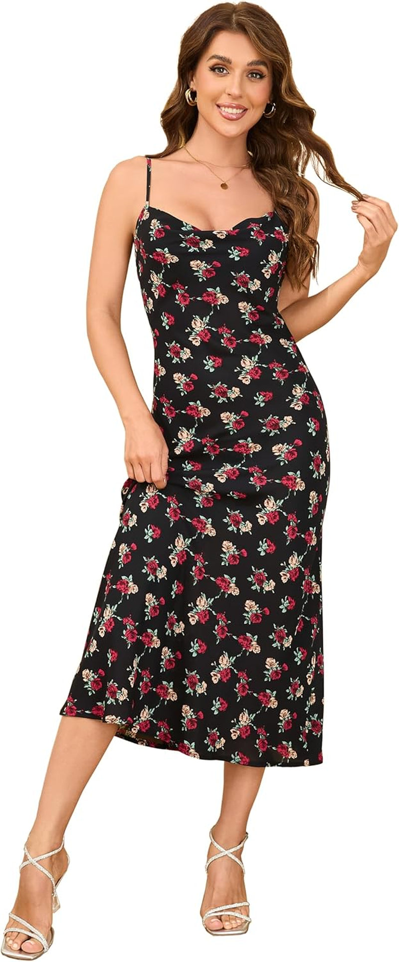 Women'S Spaghetti Strap Midi Satin Silk Dresses Slip Cowl Neck Party Cocktail Evening Sexy Dress