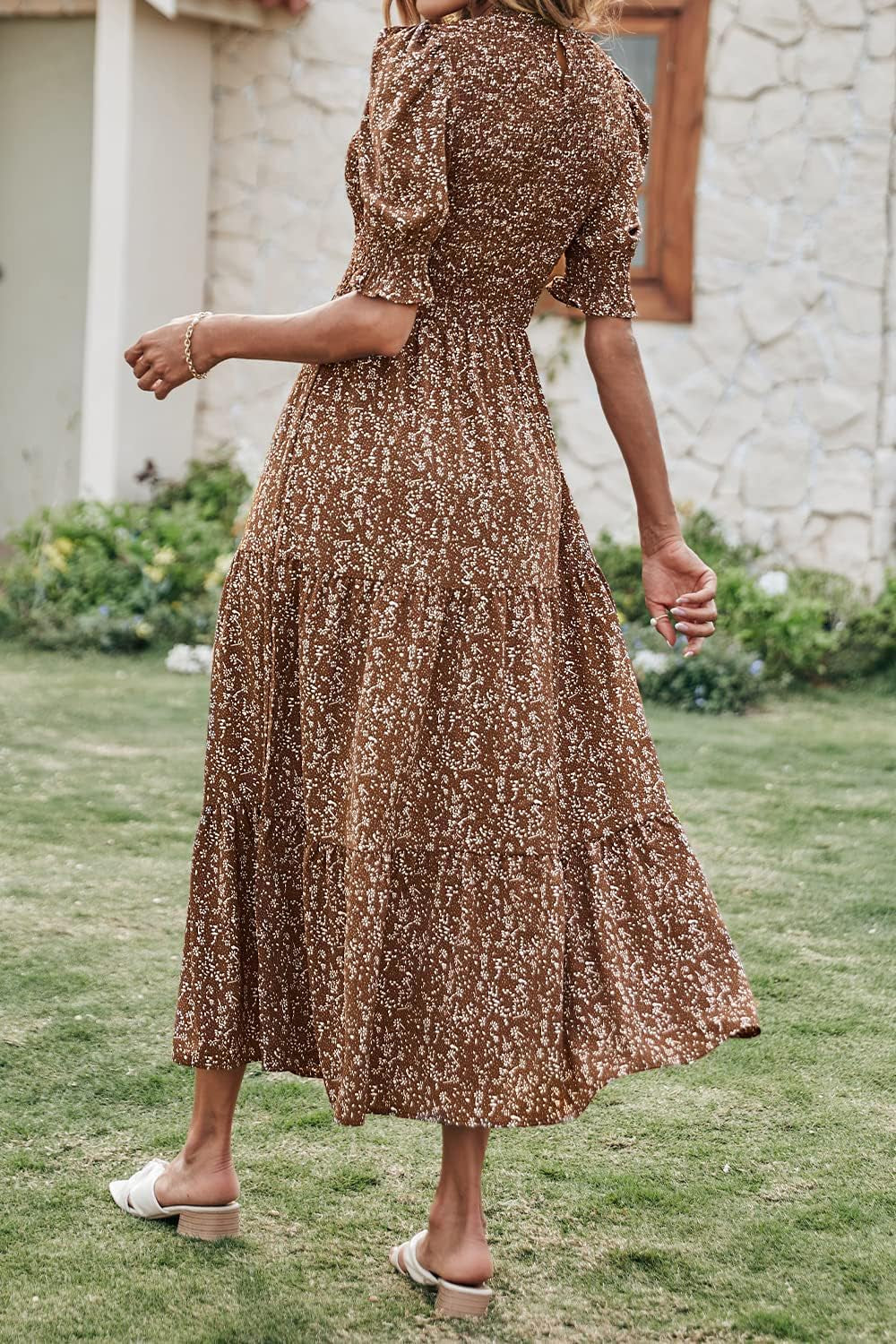 Women Casual Summer Dresses 2026 Spring Crew Neck Ruffle Short Sleeve Smocked Floral Boho Flowy Maxi Dress Clothes