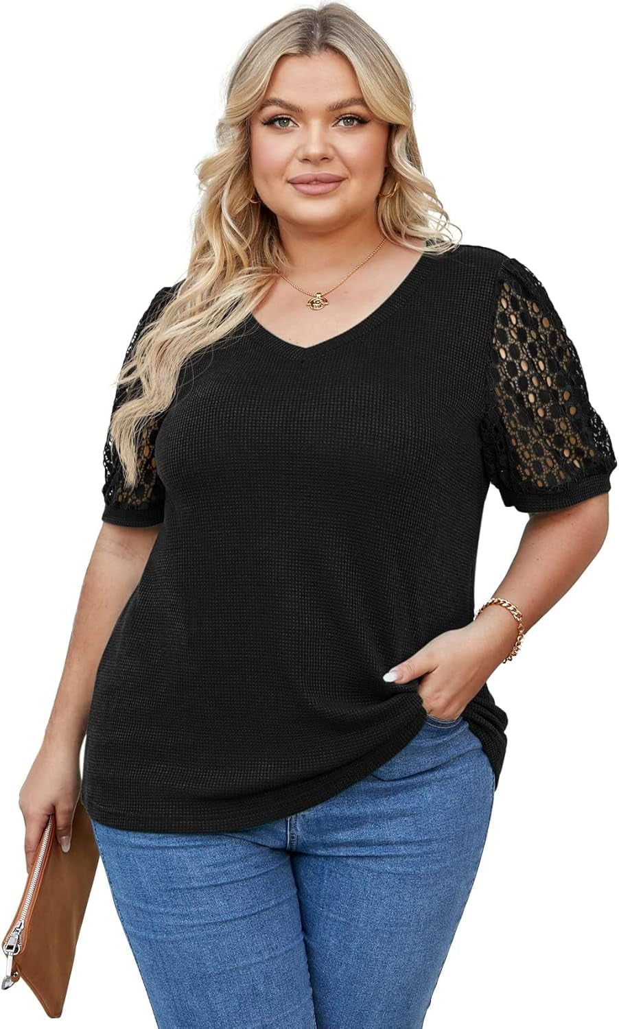 plus Size Tops for Women Summer Blouse Waffle Knit Short Lace Sleeve Shirts