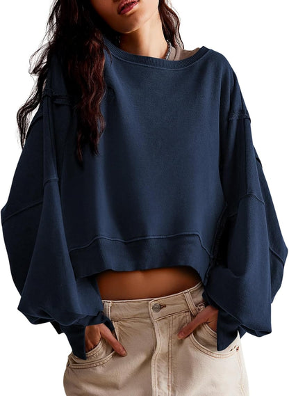 Womens Casual Sweatshirt Long Sleeve Tops Crewneck Loose Fit Tee Pullover Crop Tshirt Side Slit Fall Fashion 2024