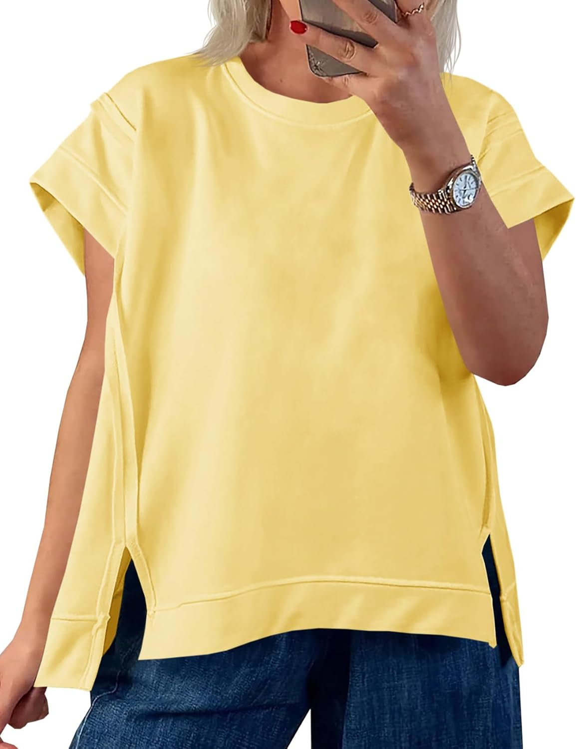 Womens Oversized Short Cap Sleeve T-Shirts Crew Neck Side Slit Tops Summer Casual Loose Fit Tees Tunic Shirts