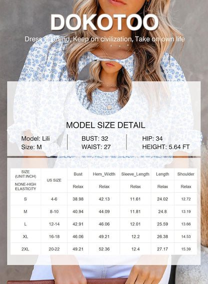 Floral Print Blouses for Women Crewneck Smocked Puff Sleeve Shirts Casual Babydoll Tops