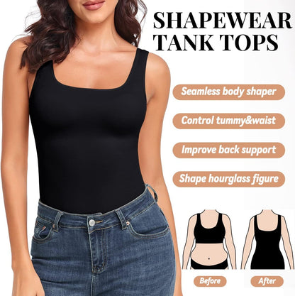 Women'S Tummy Control Shapewear Tank Tops Seamless Square Neck Compression Tops Slimming Body Shaper Camisole