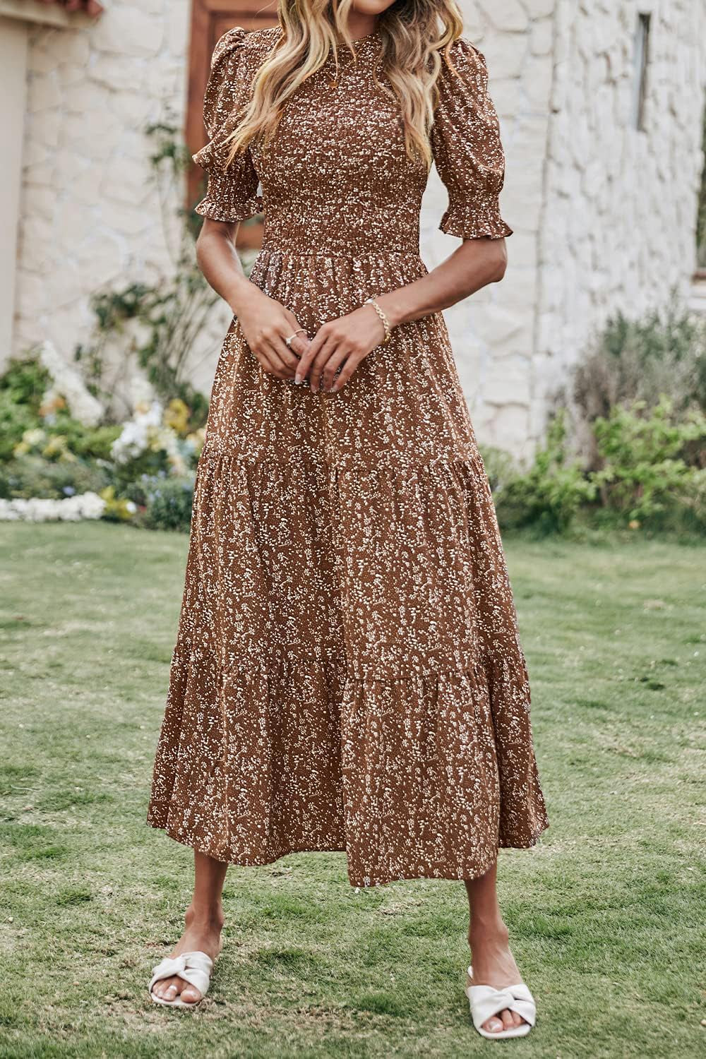 Women Casual Summer Dresses 2026 Spring Crew Neck Ruffle Short Sleeve Smocked Floral Boho Flowy Maxi Dress Clothes