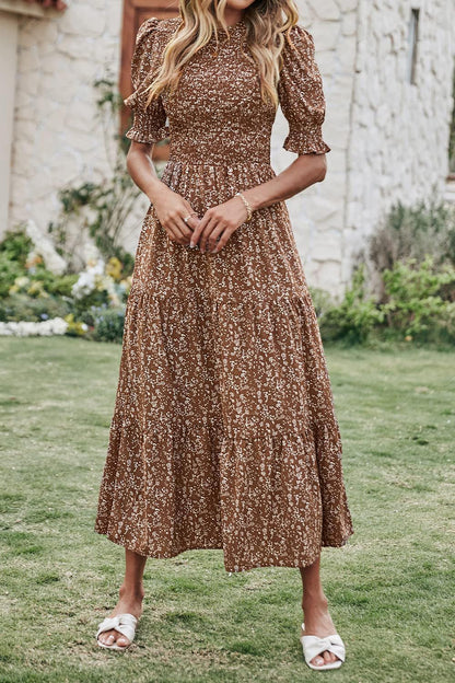 Women Casual Summer Dresses 2026 Spring Crew Neck Ruffle Short Sleeve Smocked Floral Boho Flowy Maxi Dress Clothes