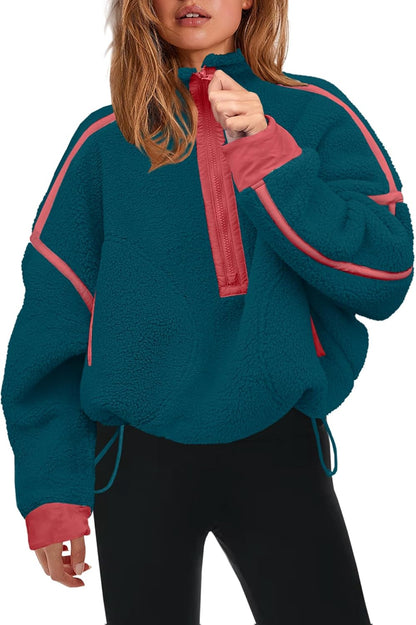 Womens Half Zip Sherpa Fleece Pullover Soft Oversized Sweatshirt with Pockets Warm Fuzzy Sweater