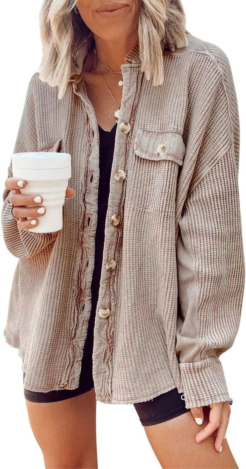 Shackets for Women 2025 Waffle Knit Tops Long Sleeve Button down Shirt Fall Jackets Outfits Corduroy Jacket