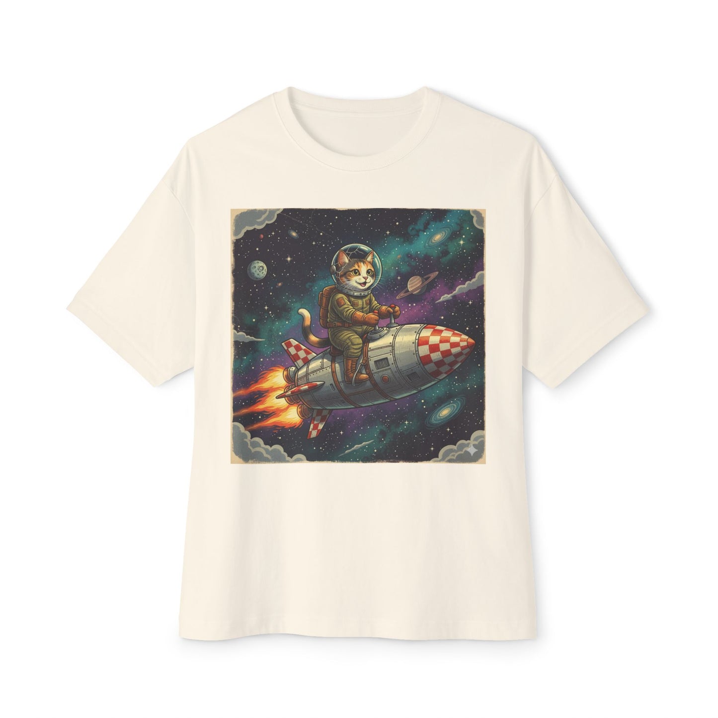Unisex Oversized Boxy Tee Cat Rocket Outer Space Graphic Tee