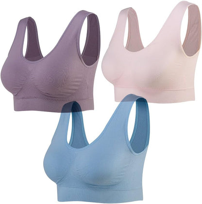 3-Pack Seamless Sports Bra Wirefree Yoga Bra with Removable Pads for Women