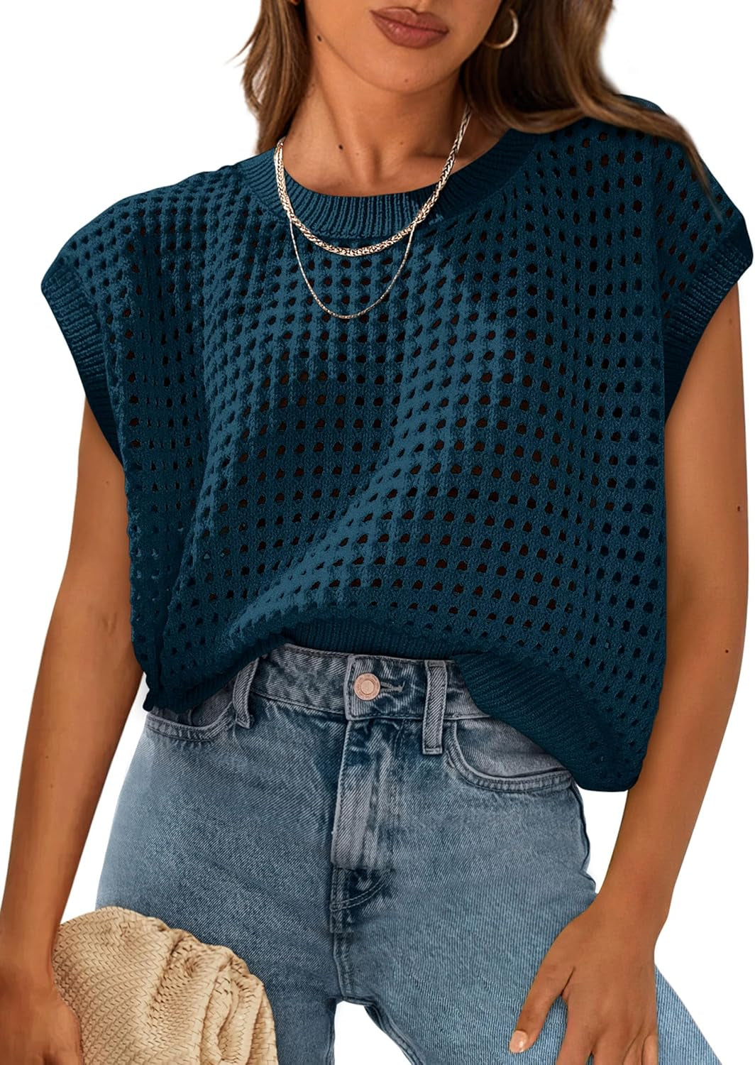 Womens Spring Tops 2026 Summer Shirts Crochet Cap Sleeve Sweater Pullover Cute Beach Vacation Clothes