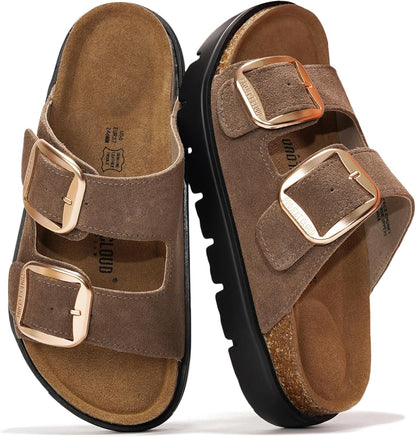 Genuine Leather Platform Sandals Women Footwear - Wedge Chunky Sandals Womens Sandals with Memory Foam Insole and Cork Footbed (GREECECHUNKY)