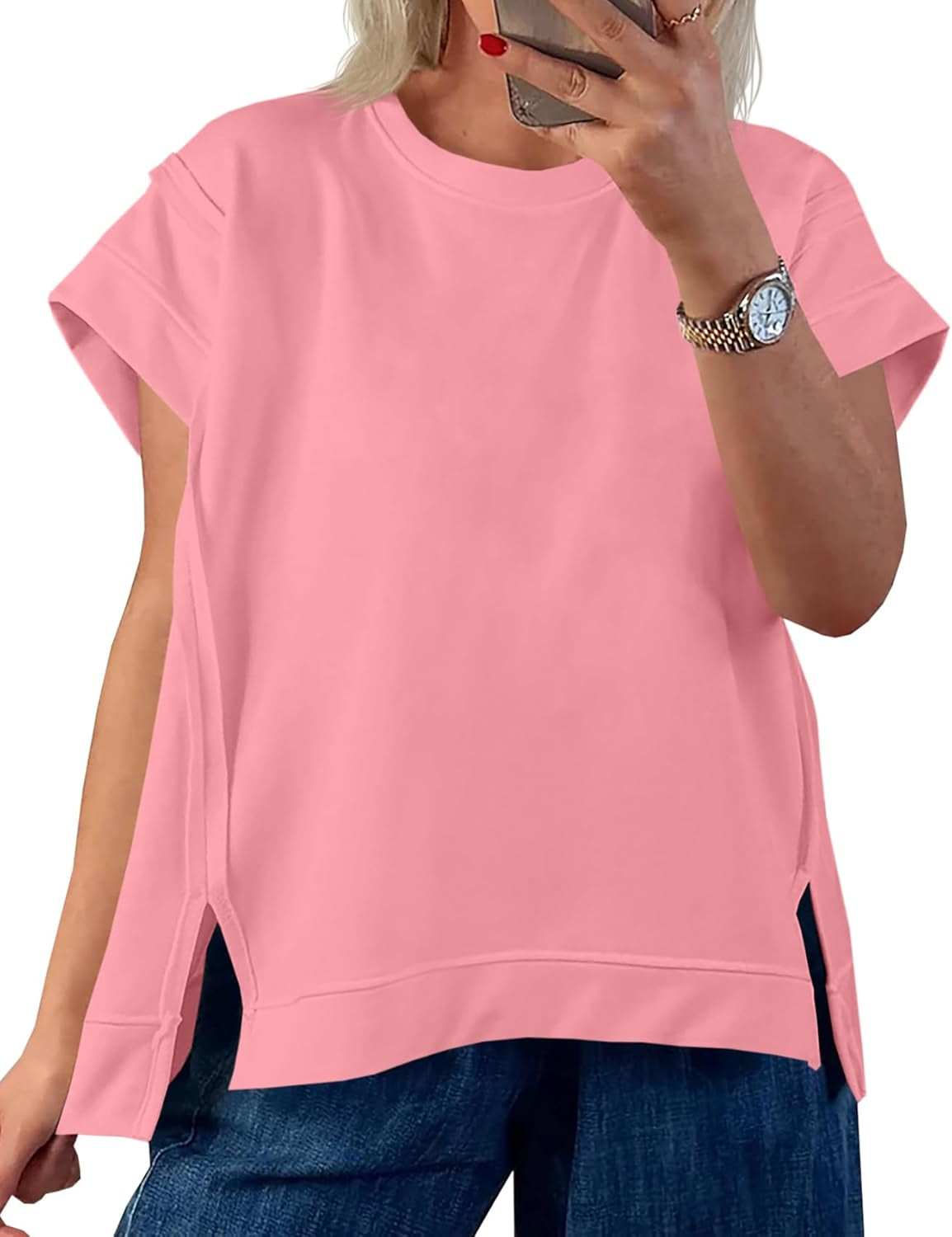 Womens Oversized Short Cap Sleeve T-Shirts Crew Neck Side Slit Tops Summer Casual Loose Fit Tees Tunic Shirts