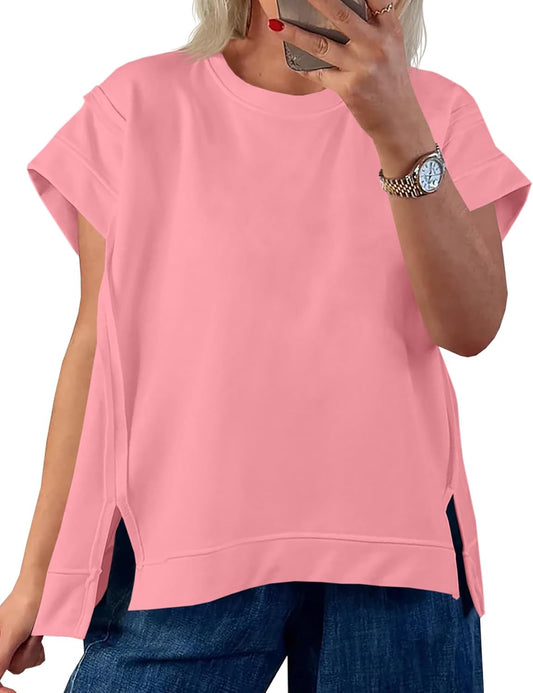 Womens Oversized Short Cap Sleeve T-Shirts Crew Neck Side Slit Tops Summer Casual Loose Fit Tees Tunic Shirts