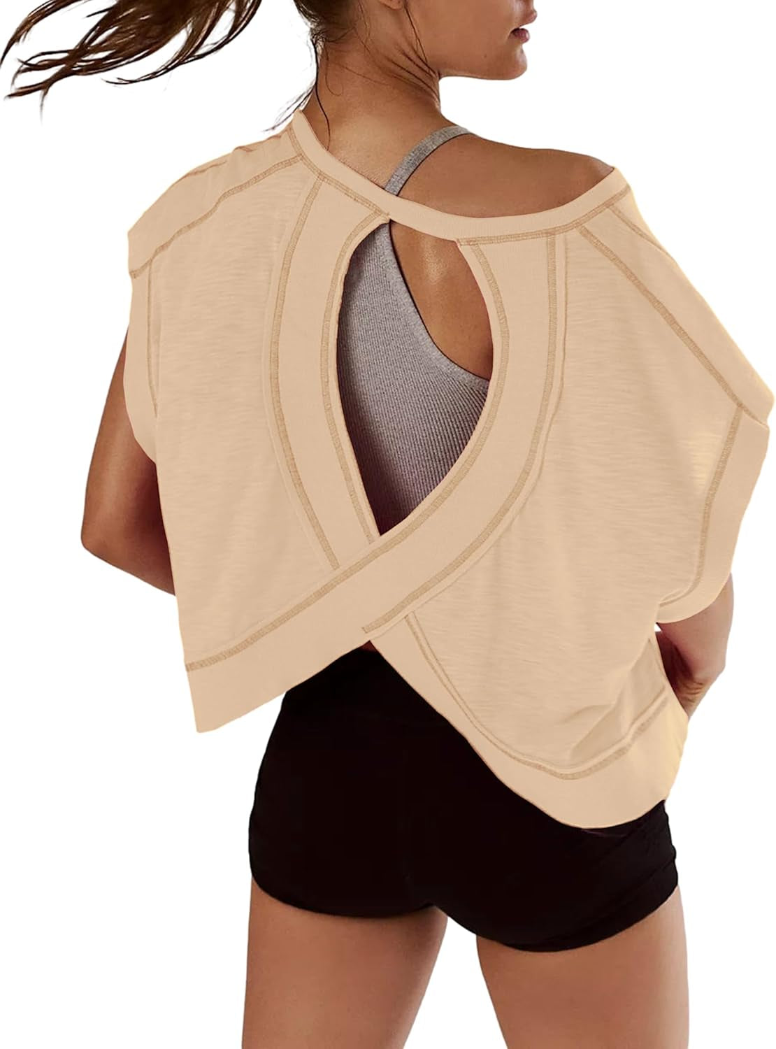 Women Short Sleeve Workout Shirts Open Back Tops Casual Yoga Y2K Athletic Gym Slouchy Crop Running Tees