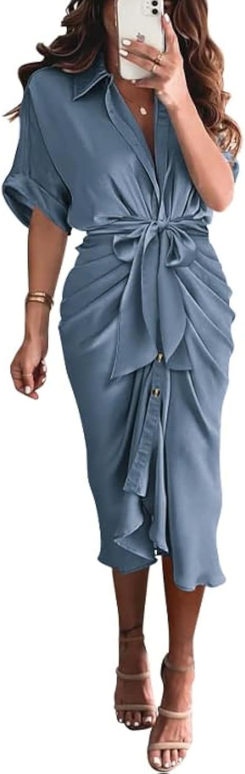 Shirt Dresses for Women Button down Short Sleeve Satin Ruched Maxi Spring Dress 2026 Cocktail Party Wedding Guest