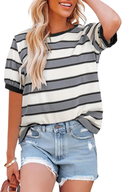 Womens Summer Tops 2025 Striped Color Block Short Sleeve T-Shirts Crewneck Casual Loose Basic Tee Blouses