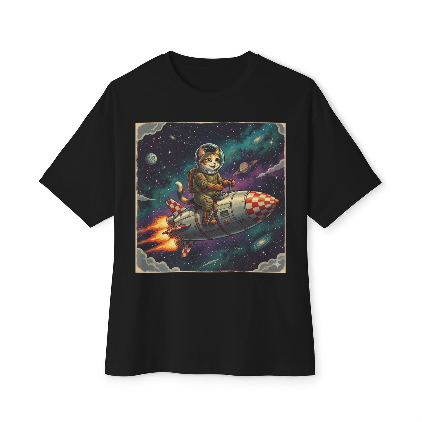 Unisex Oversized Boxy Tee Cat Rocket Outer Space Graphic Tee