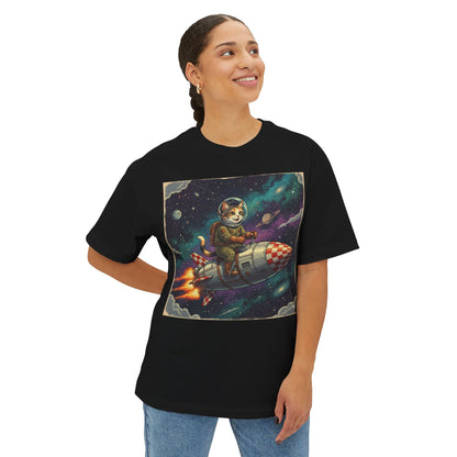Unisex Oversized Boxy Tee Cat Rocket Outer Space Graphic Tee
