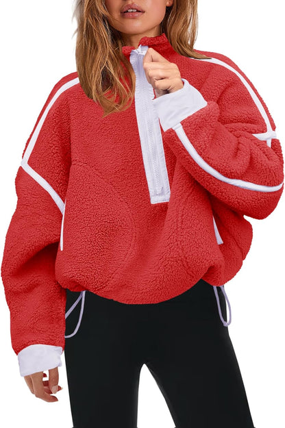 Womens Half Zip Sherpa Fleece Pullover Soft Oversized Sweatshirt with Pockets Warm Fuzzy Sweater