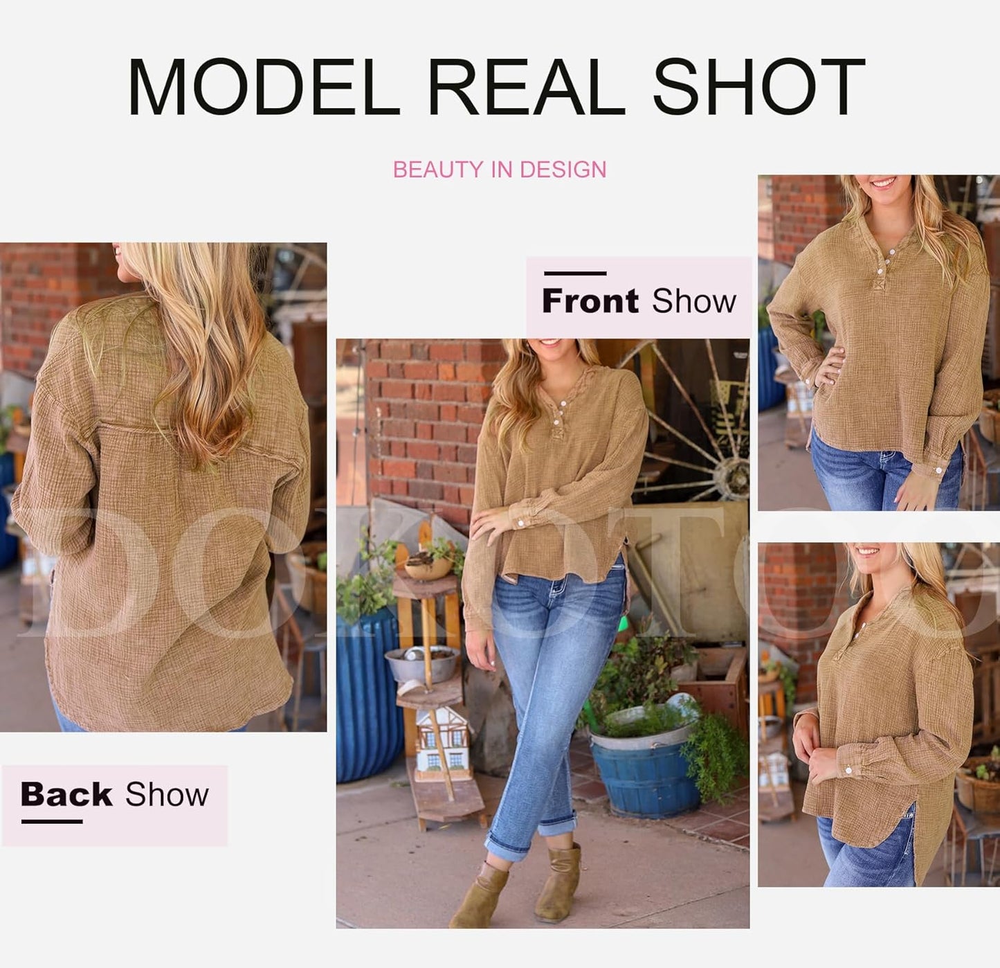 Womens Casual Button V Neck Long Sleeve Shirts Oversized Solid Blouses Tops