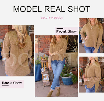 Womens Casual Button V Neck Long Sleeve Shirts Oversized Solid Blouses Tops