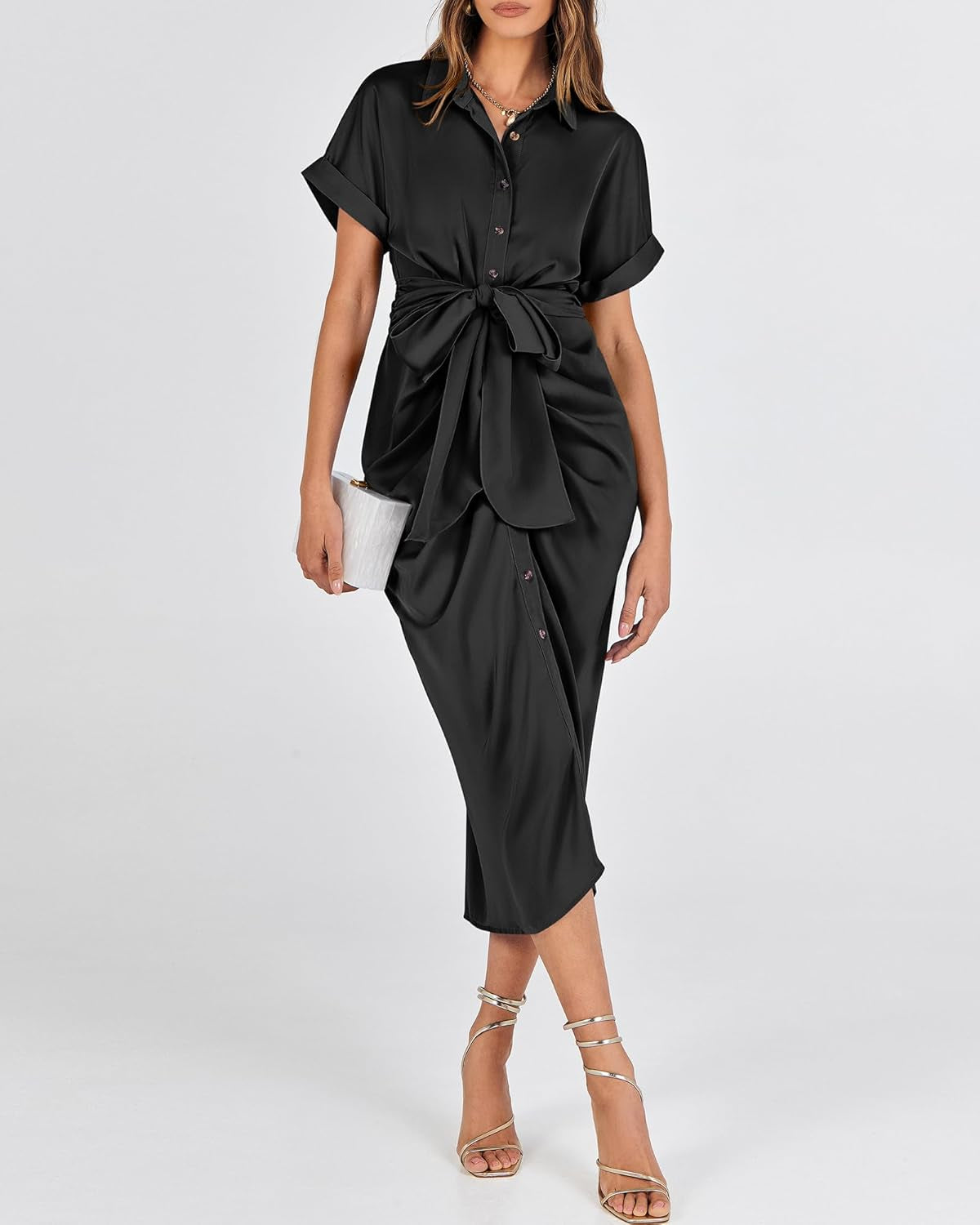 Shirt Dresses for Women Button down Short Sleeve Satin Ruched Maxi Spring Dress 2026 Cocktail Party Wedding Guest