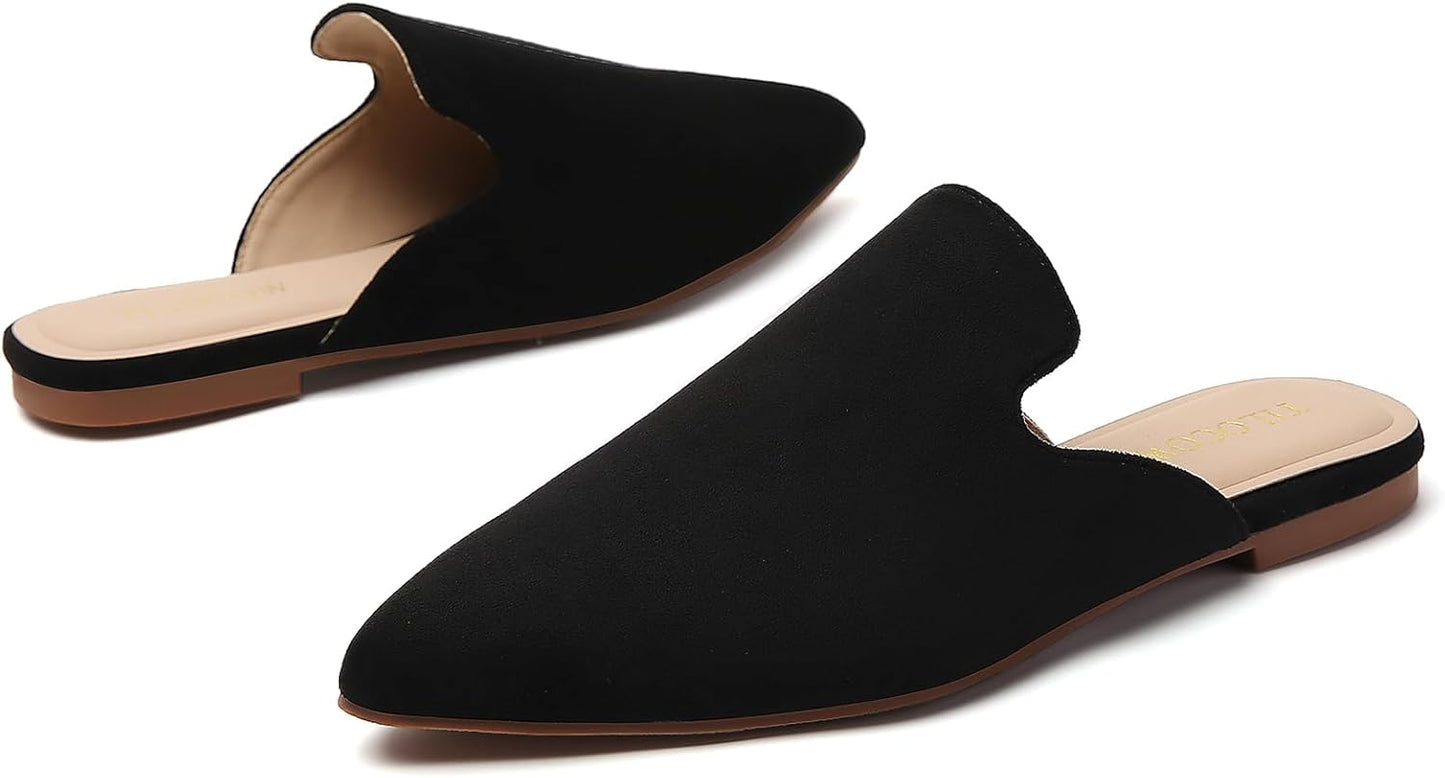 Mules for Woman Comfortable Pointed Toe Backless Loafers Flat Mule Business Casual Shoes Slides Slip On