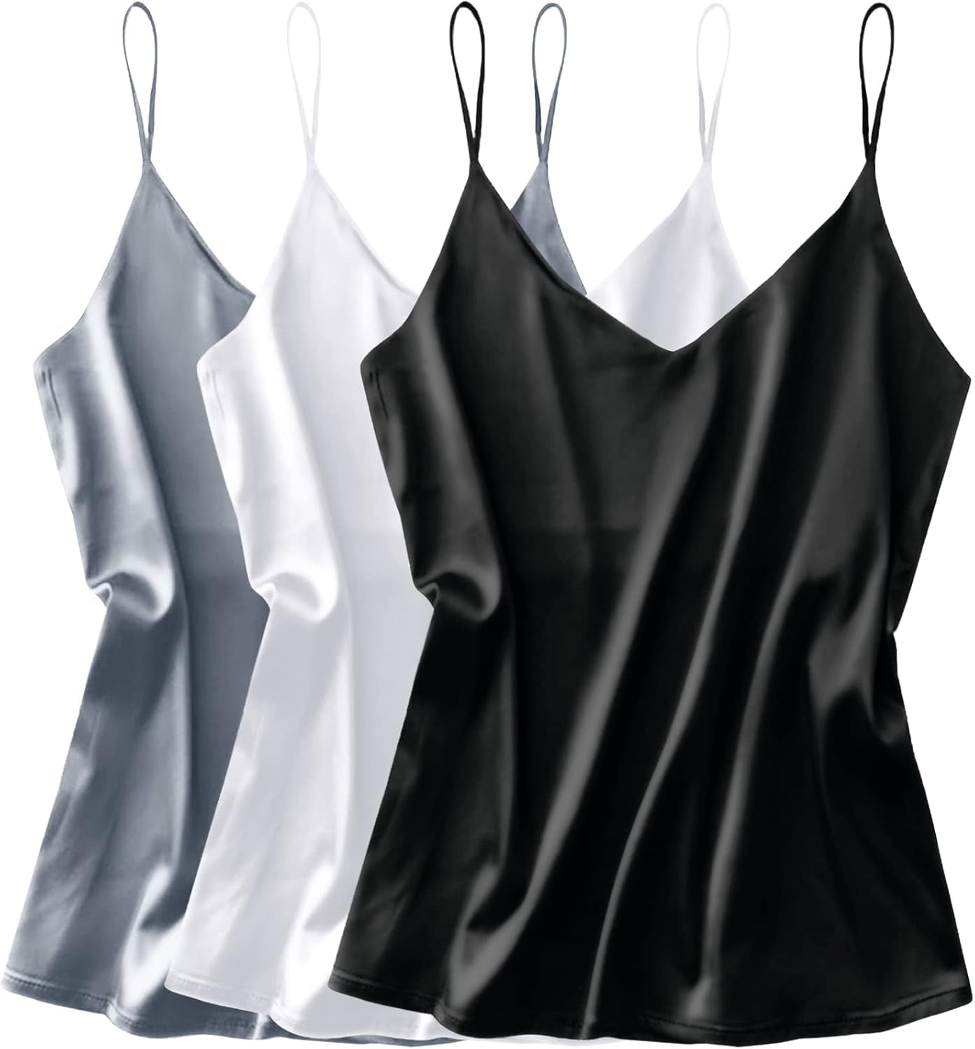 3 Pack: Womens Silk Satin Tank Top V Neck Camisole Cami Spaghetti Strap Top Loose Sleeveless Blouses Tank Shirt