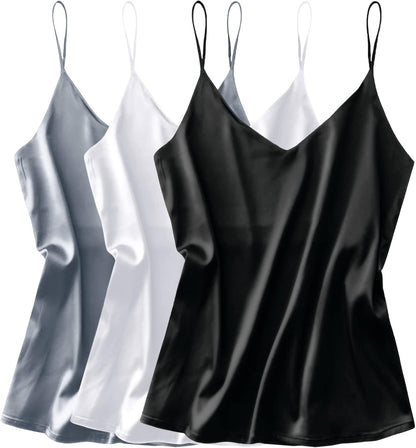 3 Pack: Womens Silk Satin Tank Top V Neck Camisole Cami Spaghetti Strap Top Loose Sleeveless Blouses Tank Shirt