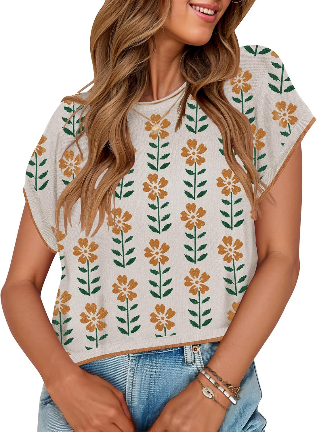 Womens Floral Sweater Vest Summer Short Sleeve Crew Neck Cute Loose Knit Tops 2026 Trendy Clothes Outfits