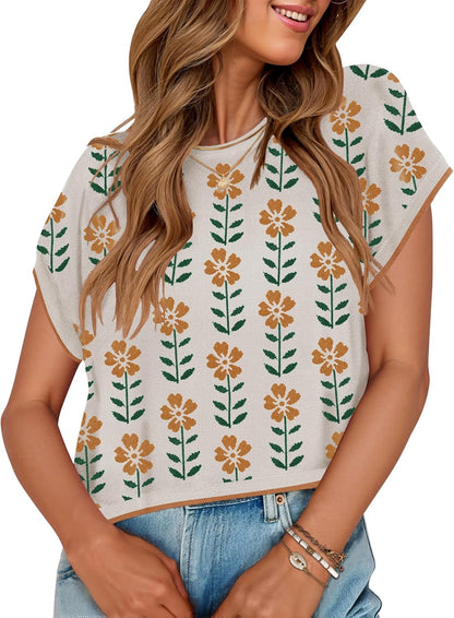 Womens Floral Sweater Vest Summer Short Sleeve Crew Neck Cute Loose Knit Tops 2026 Trendy Clothes Outfits