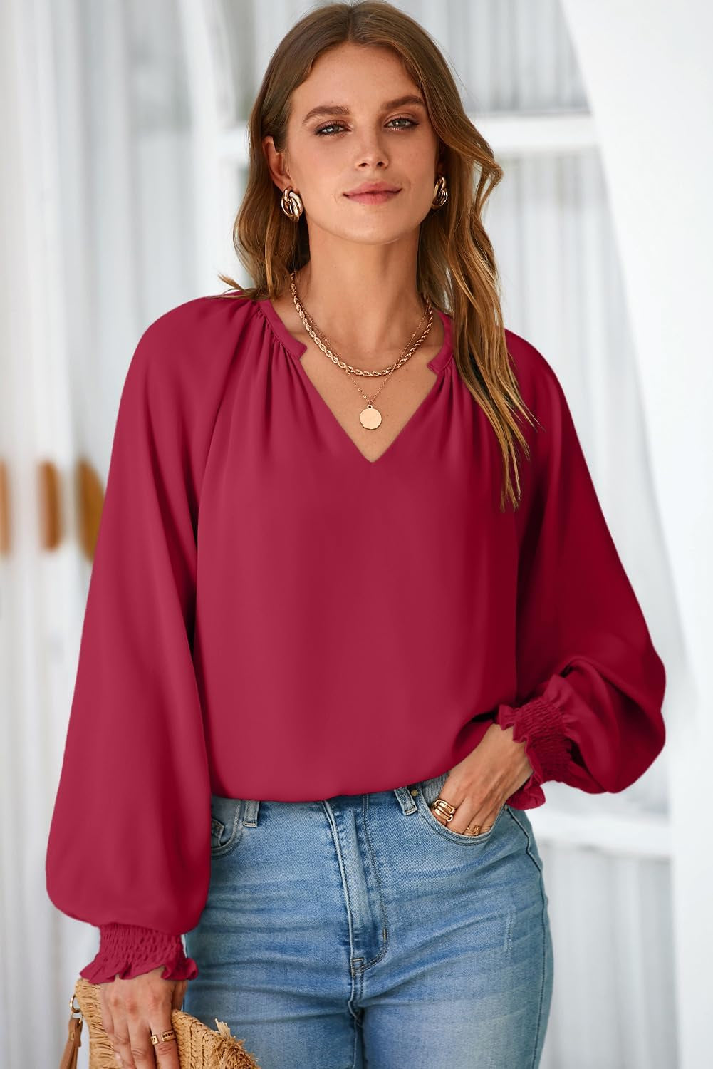 Womens Blouses Dressy Casual Flowy Boho Tops V Neck Long Sleeve Shirts