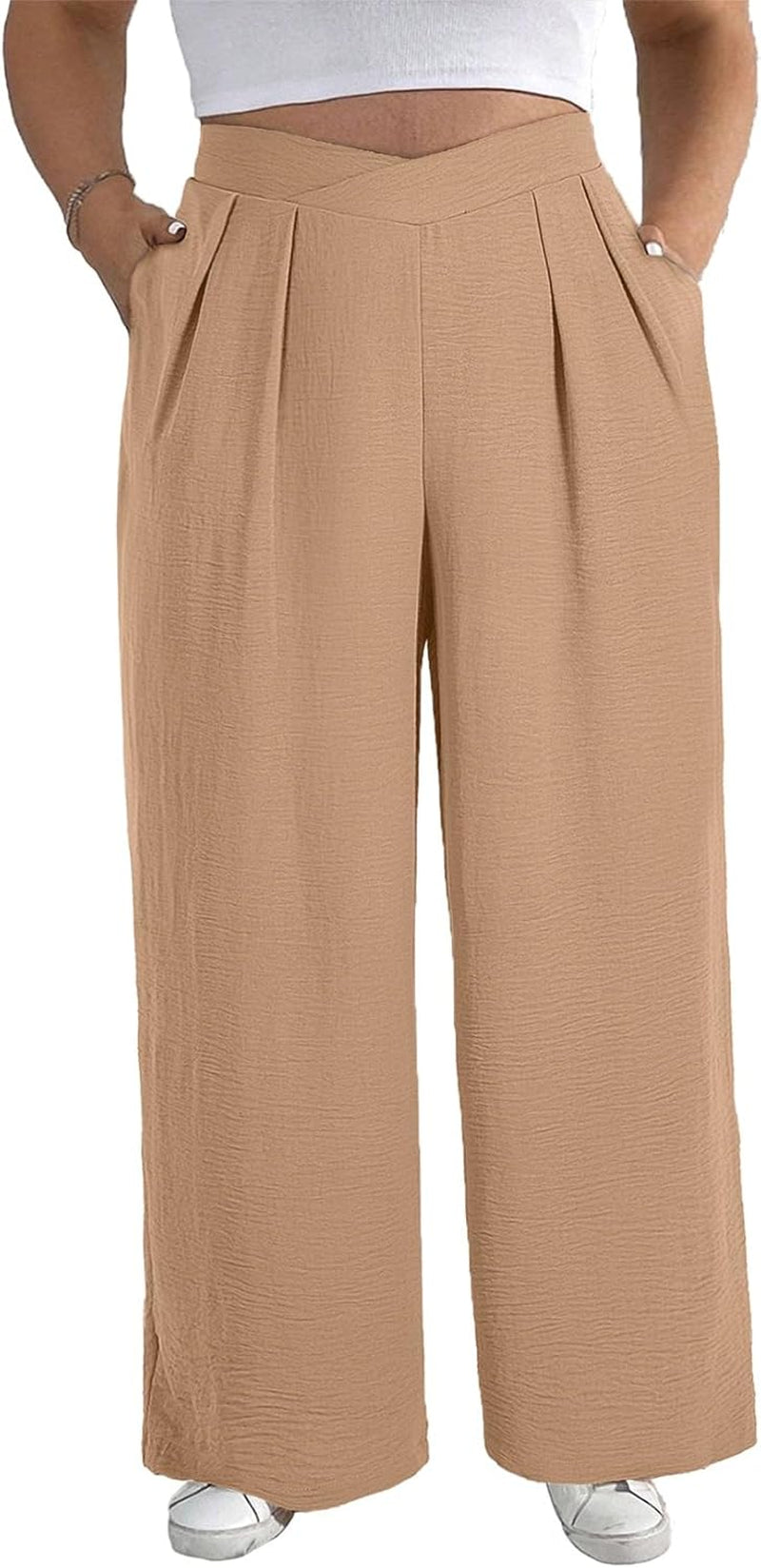 Womens plus Size Wide Leg Pants Crossover Waist Pleated Front Casual Work Pants Lounge Trouser with Pockets(1X-5X)