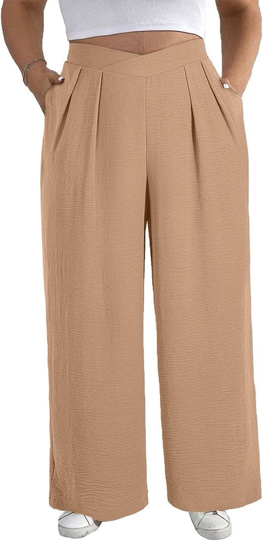 Womens plus Size Wide Leg Pants Crossover Waist Pleated Front Casual Work Pants Lounge Trouser with Pockets(1X-5X)