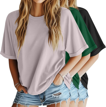 3 Pack Women'S Oversized T-Shirt Half Sleeve Summer Tees Casual Loose Fit Crew Neck Basic Tops