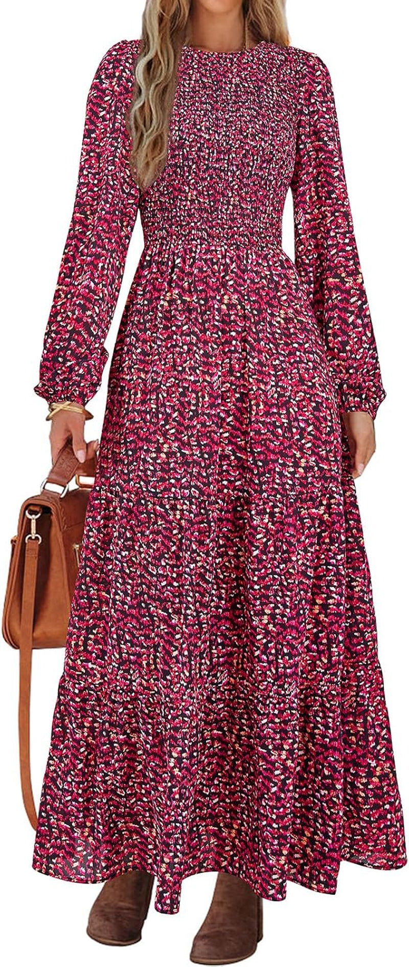 Women'S Spring Dresses 2026 Long Sleeve Flowy Casual Floral Maxi Dress Crew Neck Smocked Tiered Long Dress