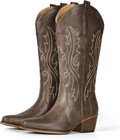 Cowboy Boots for Women Western Cowgirl Boots with Chunky Heel Mid Calf Snip Toe Ideal for Low Insteps