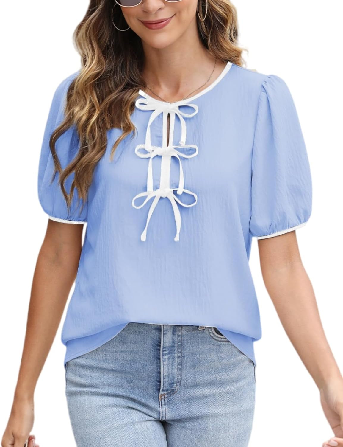 Womens Dressy Casual Shirt Summer Work Blouses Tie Front Puff Short Sleeve Tops