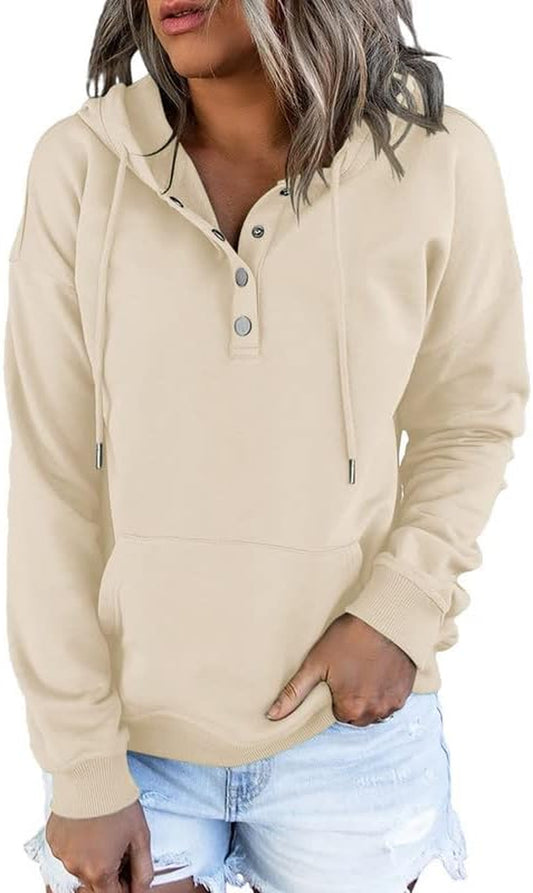 Womens 2025 Hoodies Button Collar Drawstring Hooded Pullover Sweatshirt Casual Long Sleeve Tops Shirts