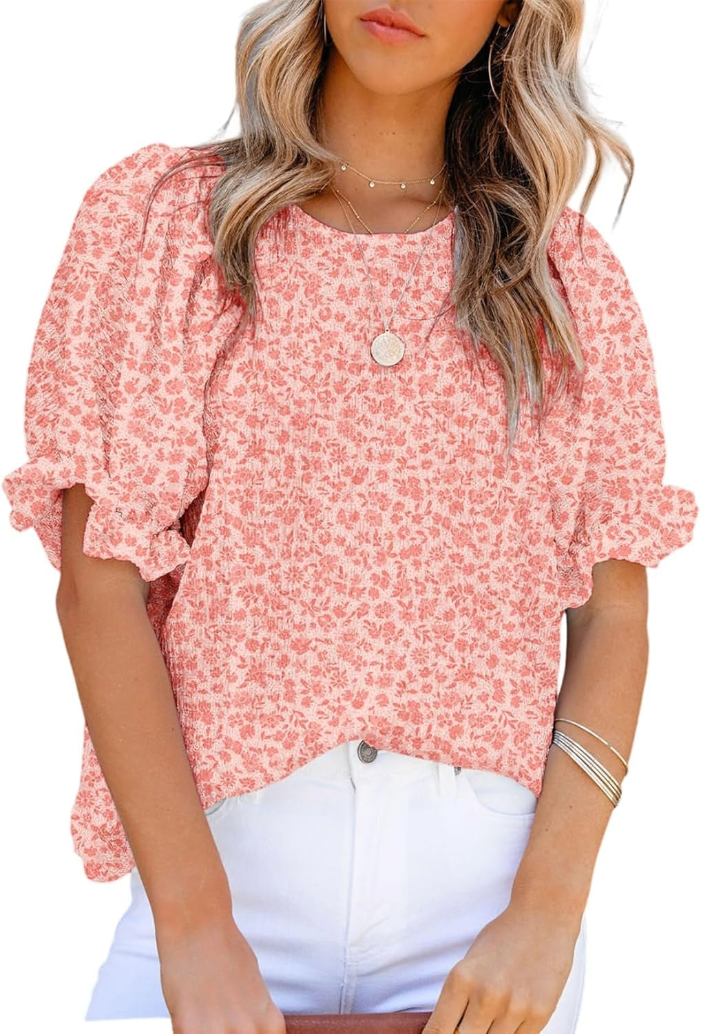 Floral Print Blouses for Women Crewneck Smocked Puff Sleeve Shirts Casual Babydoll Tops