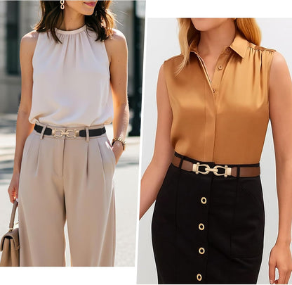 Women Skinny Elastic Belt for Dresses,Thin Retro Stretch Waist Belt with Golden Buckle