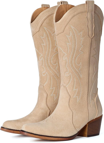 Cowboy Boots for Women Western Cowgirl Boots with Chunky Heel Mid Calf Snip Toe Ideal for Low Insteps