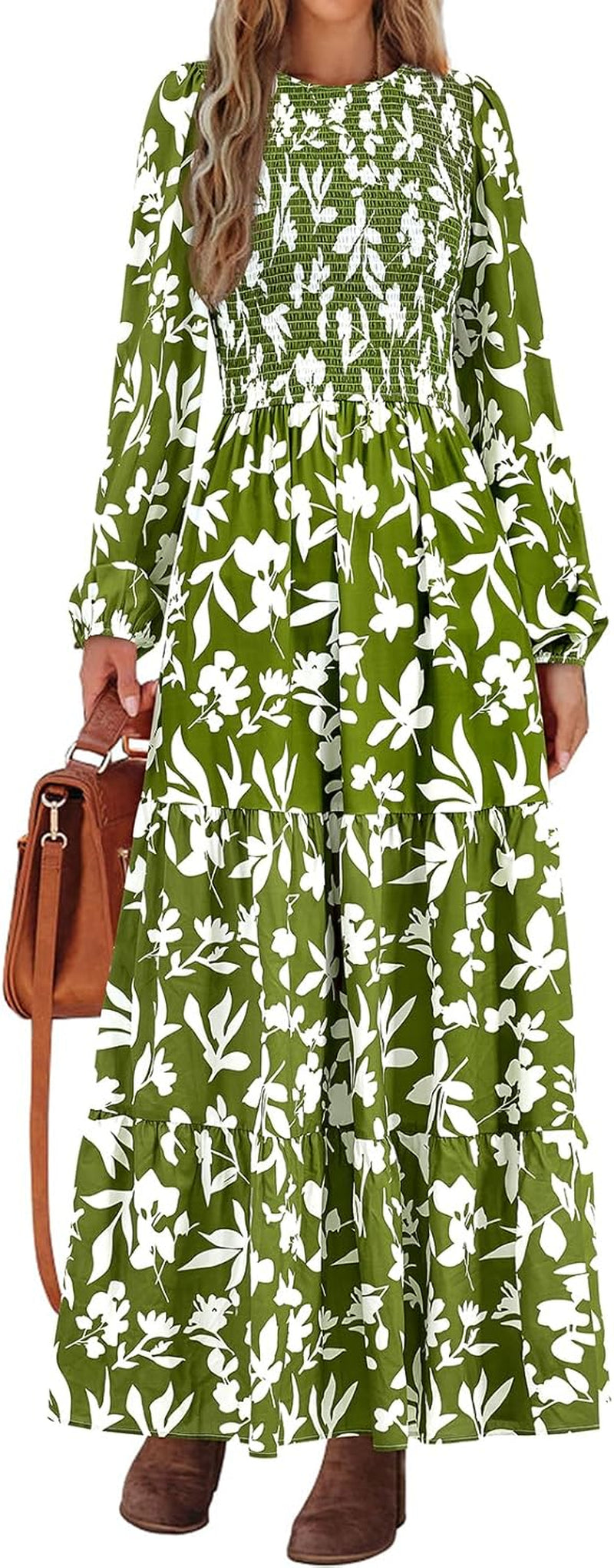 Women'S Spring Dresses 2026 Long Sleeve Flowy Casual Floral Maxi Dress Crew Neck Smocked Tiered Long Dress